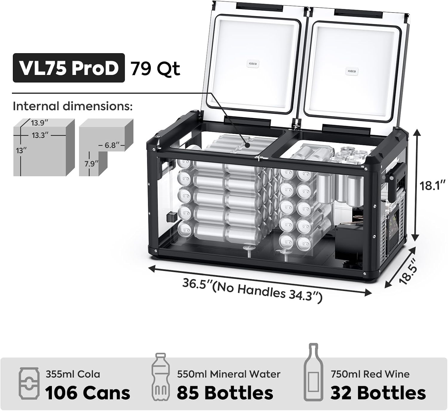 ICECO VL75 Pro 79.2 Quarts Dual Zone Portable Refrigerator with SECOP Compressor D358