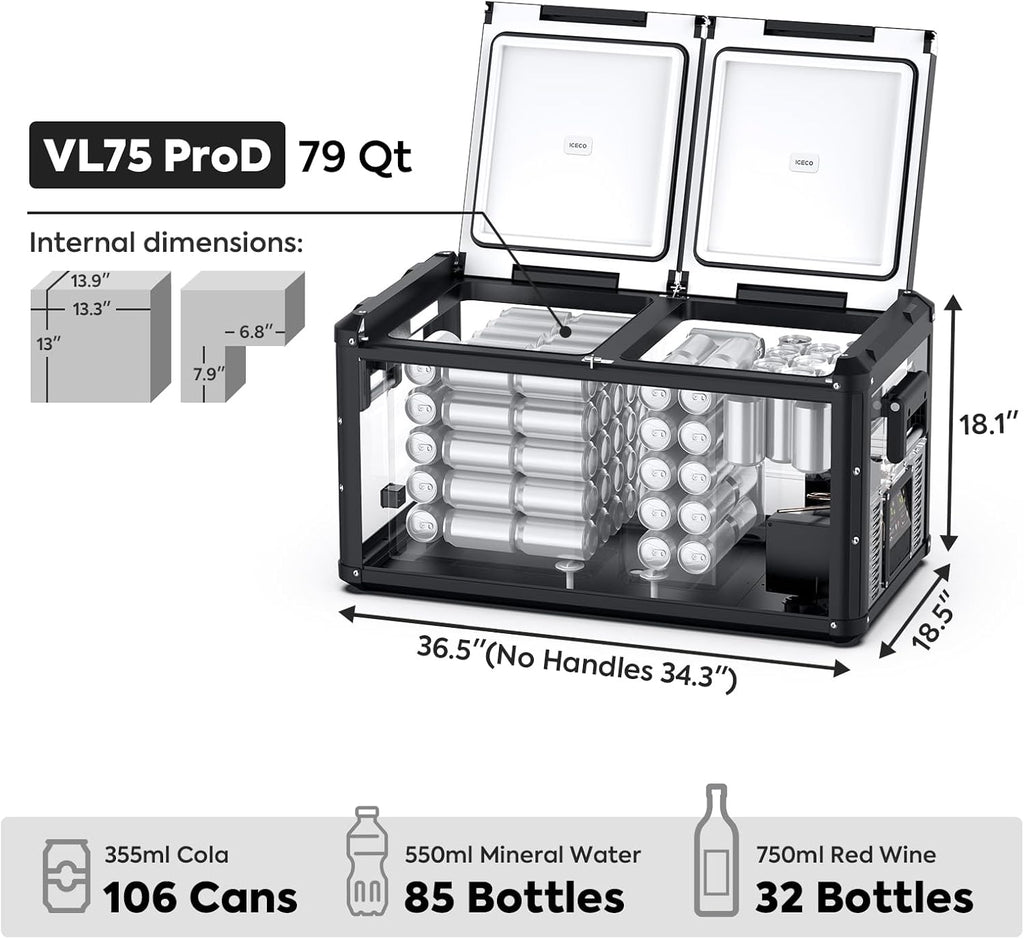 ICECO VL75 Pro 79.2 Quarts Dual Zone Portable Refrigerator with SECOP Compressor K6786