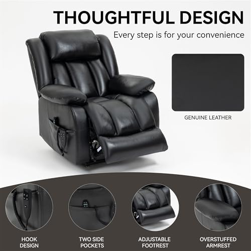 Dual Motor Electric Power Lift Recliner Chair with Vibration Massage, Genuine Leather, Black A6501
