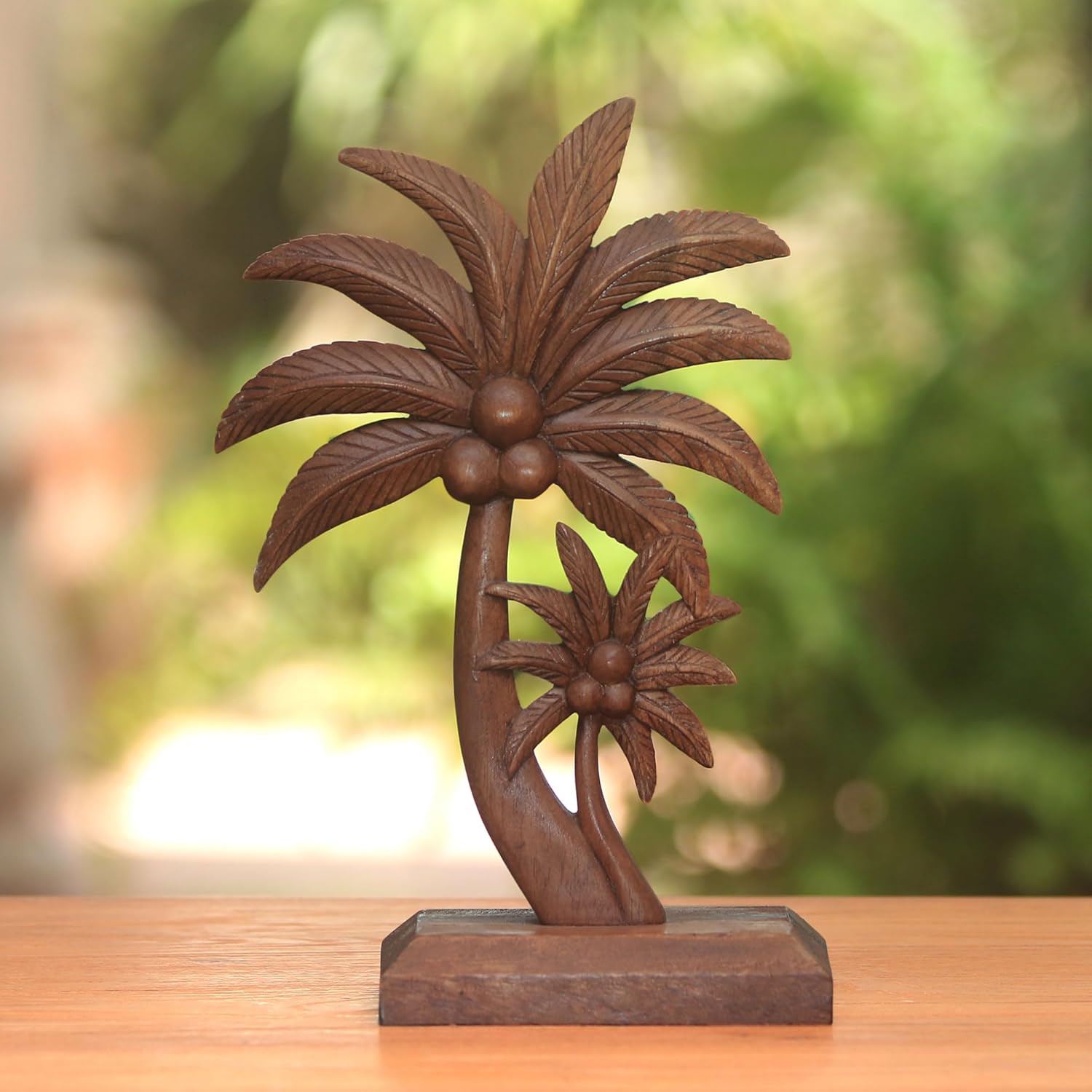 NOVICA Artisan Handcarved Wood Statuette Coconut Tree from Bali Brown Indonesia Sculpture Leaf Nature Tropical Decor F287