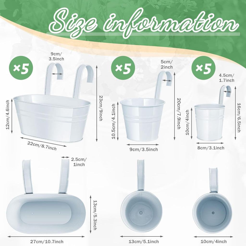 Nuanchu 15 Pcs Hanging Flower Pots White Oval Balcony Planters with Detachable Hooks G26668