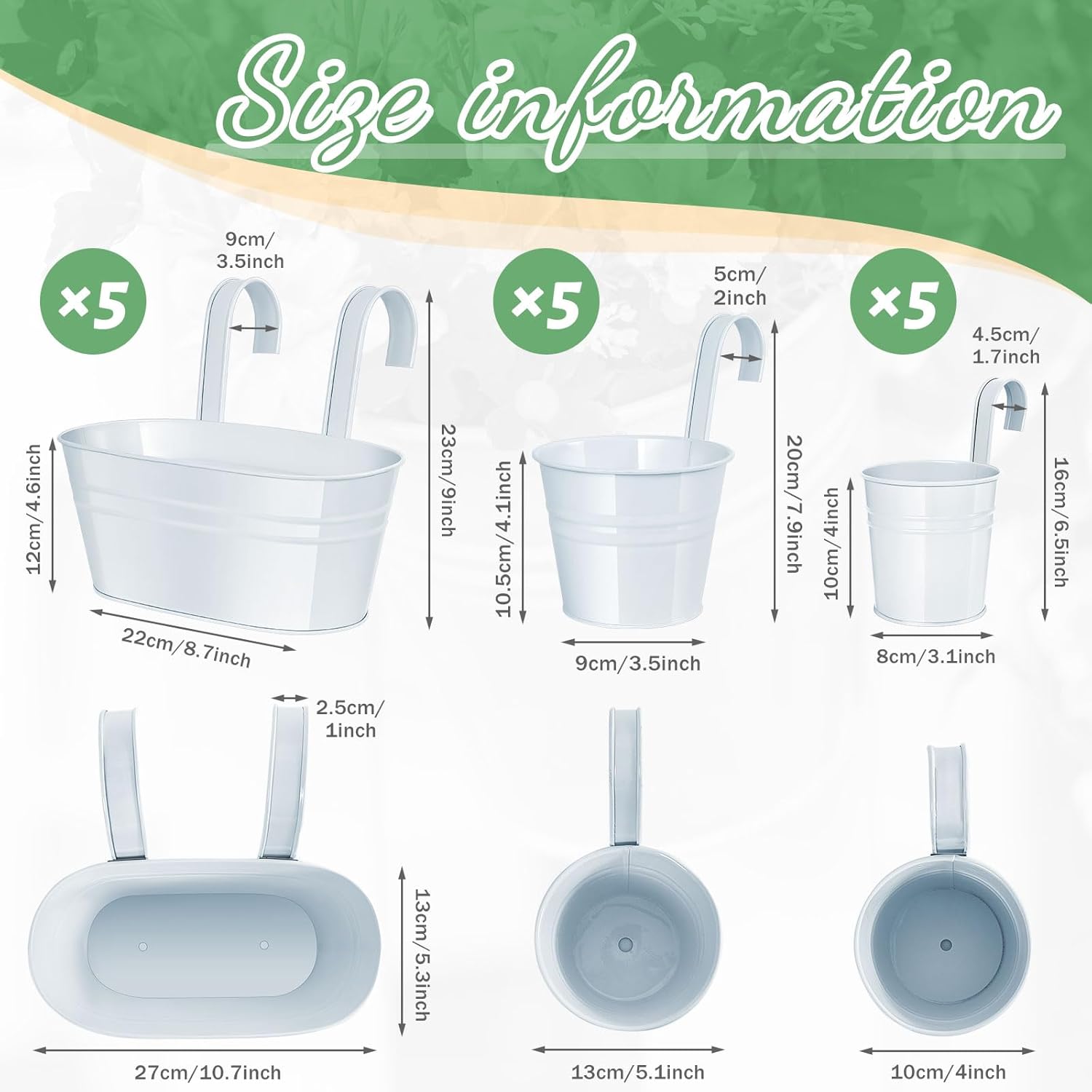 Nuanchu 15 Pcs Hanging Flower Pots White Oval Balcony Planters with Detachable Hooks G26668