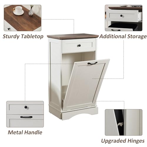 Tilt Out Trash Can Cabinet Freestanding Wood Garbage Recycling Cabinet with Hideaway Drawer, White C828