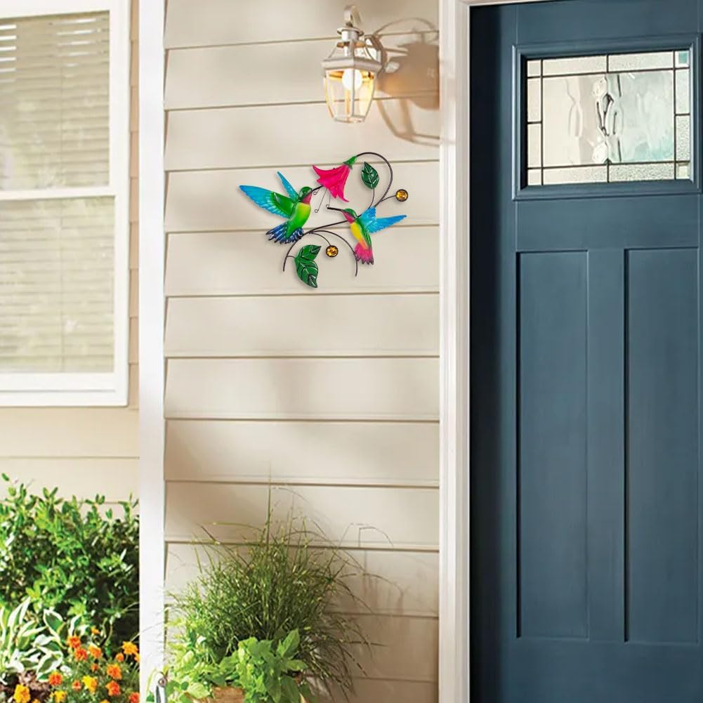 Metal Wall Art Hummingbird with Flower Outdoor Yard Decor L67010