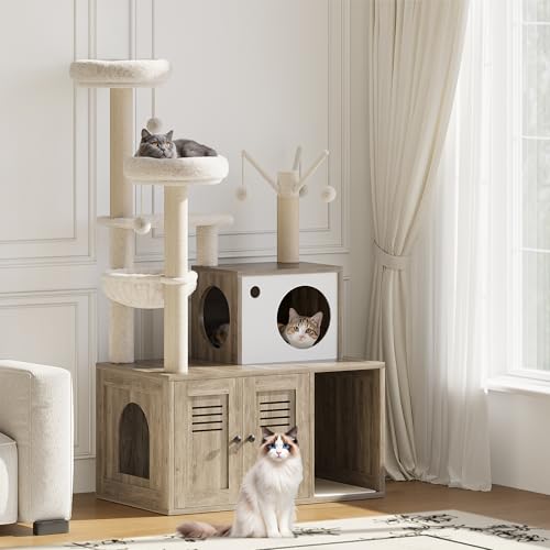 Cat Litter Box Enclosure with Cat Tree Tower, Sisal Scratching Post, Rustic Brown U730