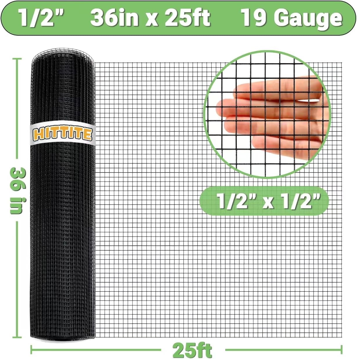 HITTITE Hardware Cloth 1/2 inch 36 x 25 ft, 19 Gauge PVC Coated Wire Mesh A822438