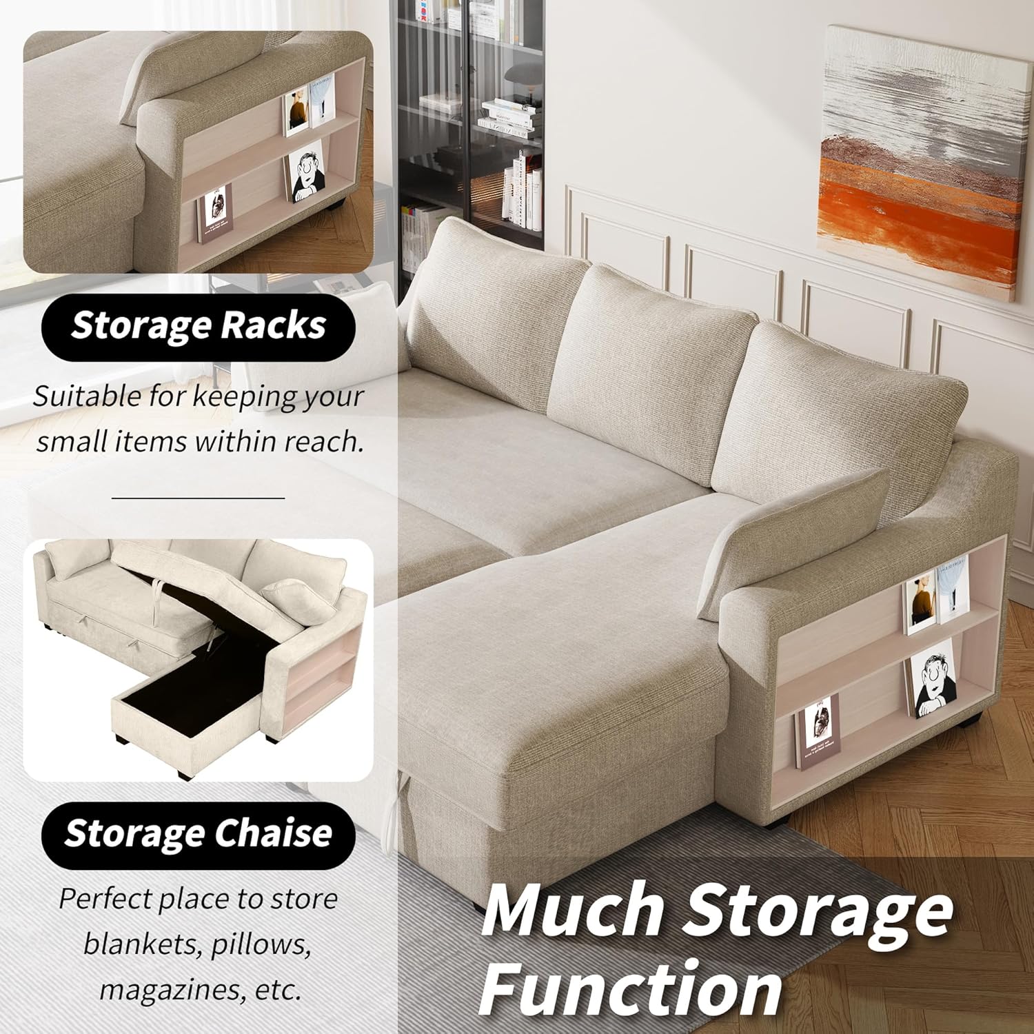 FANYE L-Shape Reversible Sleeper Sectional Couch with Storage and USB Ports R934