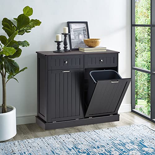 Tilt Out Trash Cabinet, Kitchen Trash Cabinet with Hideaway Drawer, Free Standing Trash Can Holder Cabinet with Storage, Wooden Hidden Trash Can with Bamboo Cutting Board, Dog Proof(White)