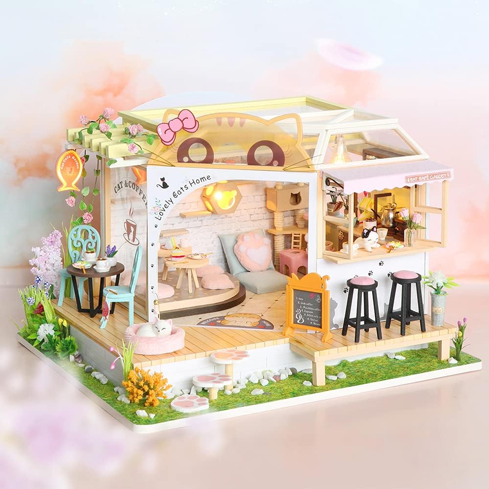 CUTEBEE DIY Wooden Dollhouse Kit with Furniture, Cat Coffee Garden M639761