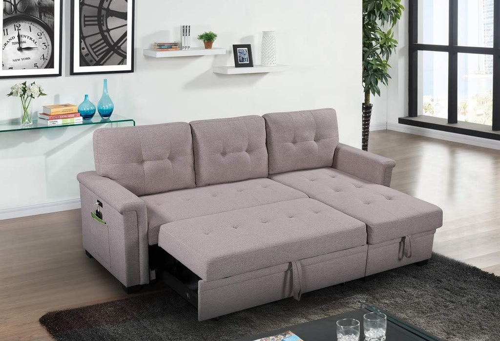 Linen Tufted Sectional Sleeper Sofa with Storage Chaise and Pull Out Bed, Light Gray M466231