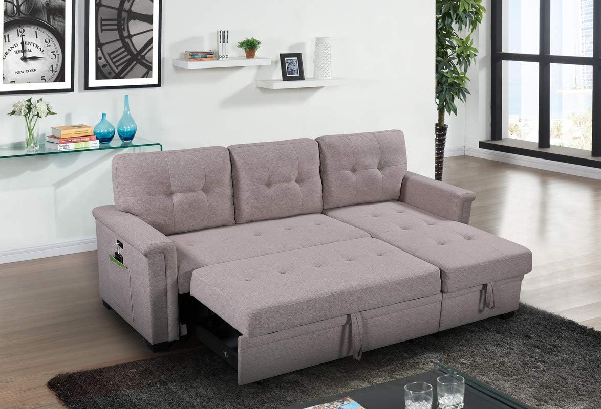 Linen Tufted Sectional Sleeper Sofa with Storage Chaise and Pull Out Bed, Light Gray M466231