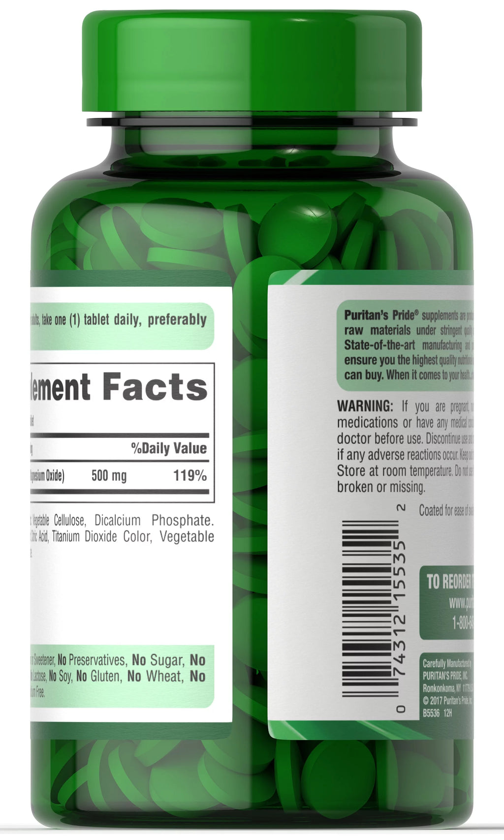 Puritan's Pride Magnesium Tablets, 500mg, 100 Ct Q74524