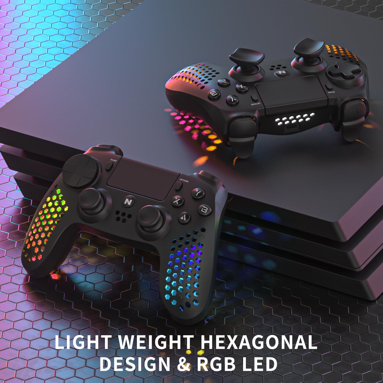 Nitho RGB Wireless Controller for PS4/PS5/PC/Android/iOS, Hexagonal Design Joystick with Vibration R4021