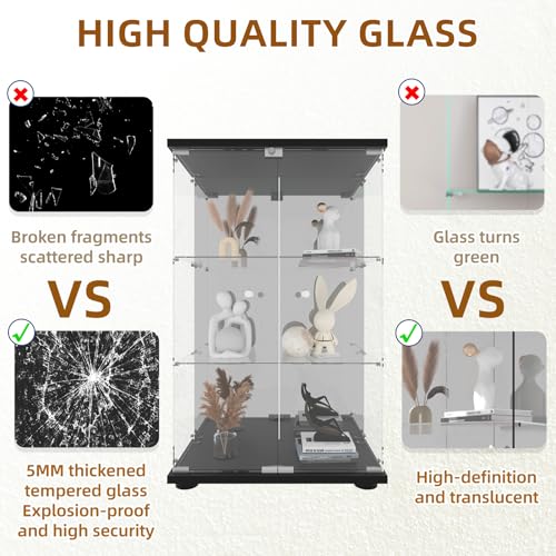 Glass Display Cabinet 4-Shelf 3 Doors with Lock, Black T935070