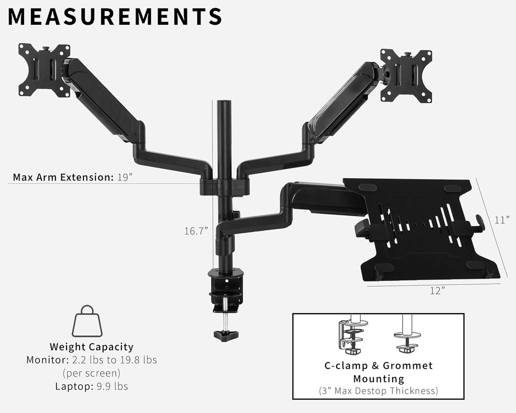 VIVO Dual Monitor Pneumatic Arm Mount for 17-32 inch Screens and Laptops, Black W83537