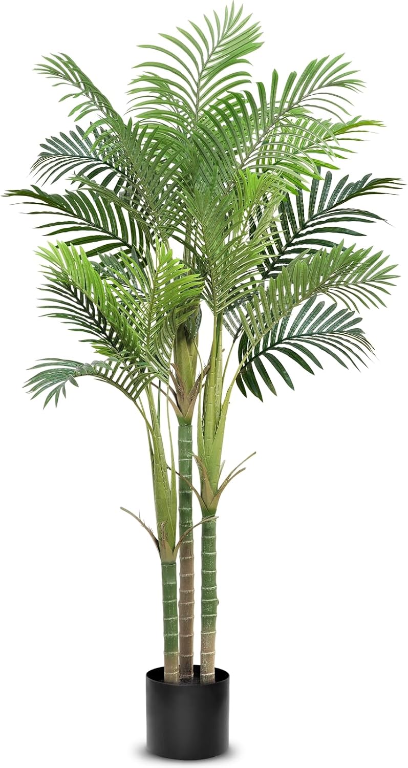 6.25 Ft Tall Three Sturdy Trunks Palm Tree Artificial Plants Indoor Large Tropical Artificial Tree Mixed Lifelike Palm Leaves UV Resistant Fake Plants in Pot for Outdoor Office Living Room Home Decor
