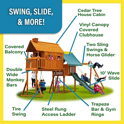 Fantasy Tree House Cedar Wood Swing Set with Built-in Clubhouse and Wave Slide K596052