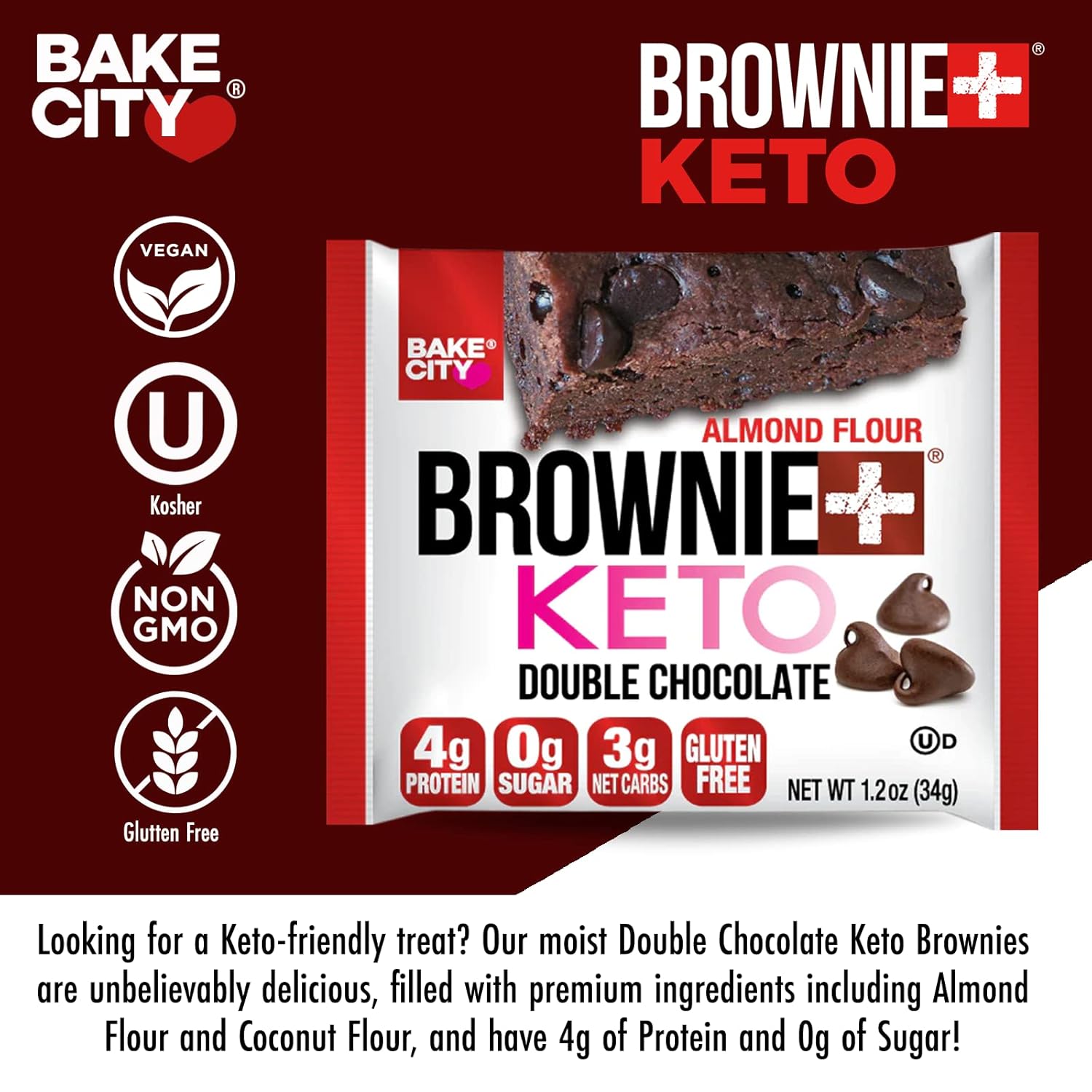 Bake City Brownie+ Keto 1.2oz Brownie (12 pack), Gluten Free, 0g Sugar Z12341