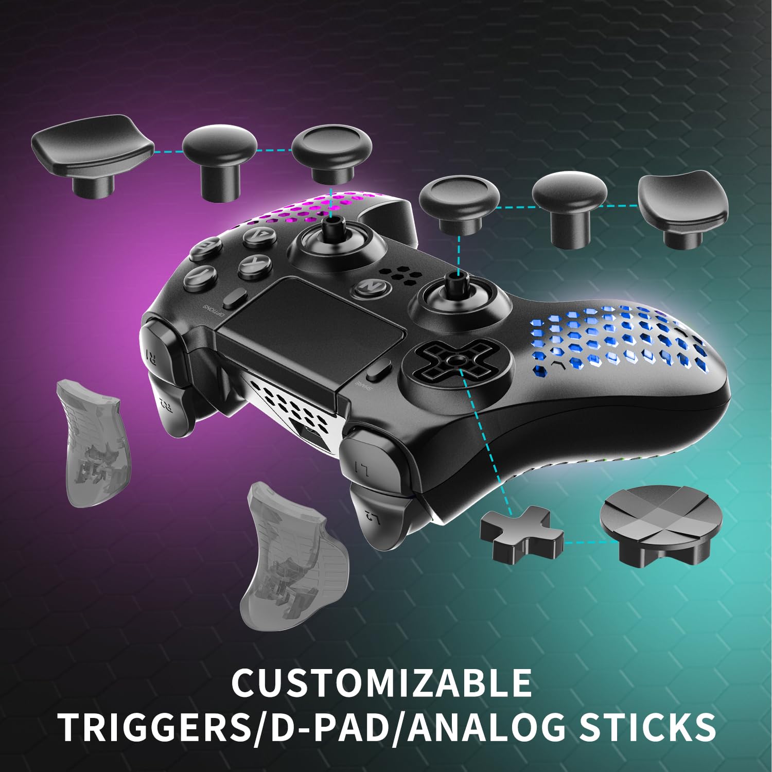 Nitho RGB Wireless Controller for PS4/PS5/PC/Android/iOS, Hexagonal Design Joystick with Vibration R4021