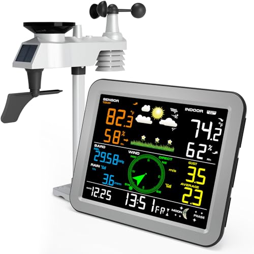 Weather Station Wireless with 7-in-1 Sensor,Indoor Outdoor Thermometer,Big Display Digital with Humidity,Rain Gauge,Wind Speed,Forecast,Alarm
