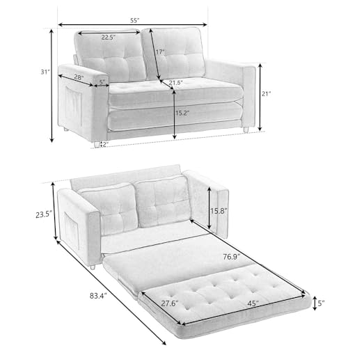 3 in 1 Upholstered Convertible Futon Sofa Bed with Side Pockets, Dark Grey Q88099