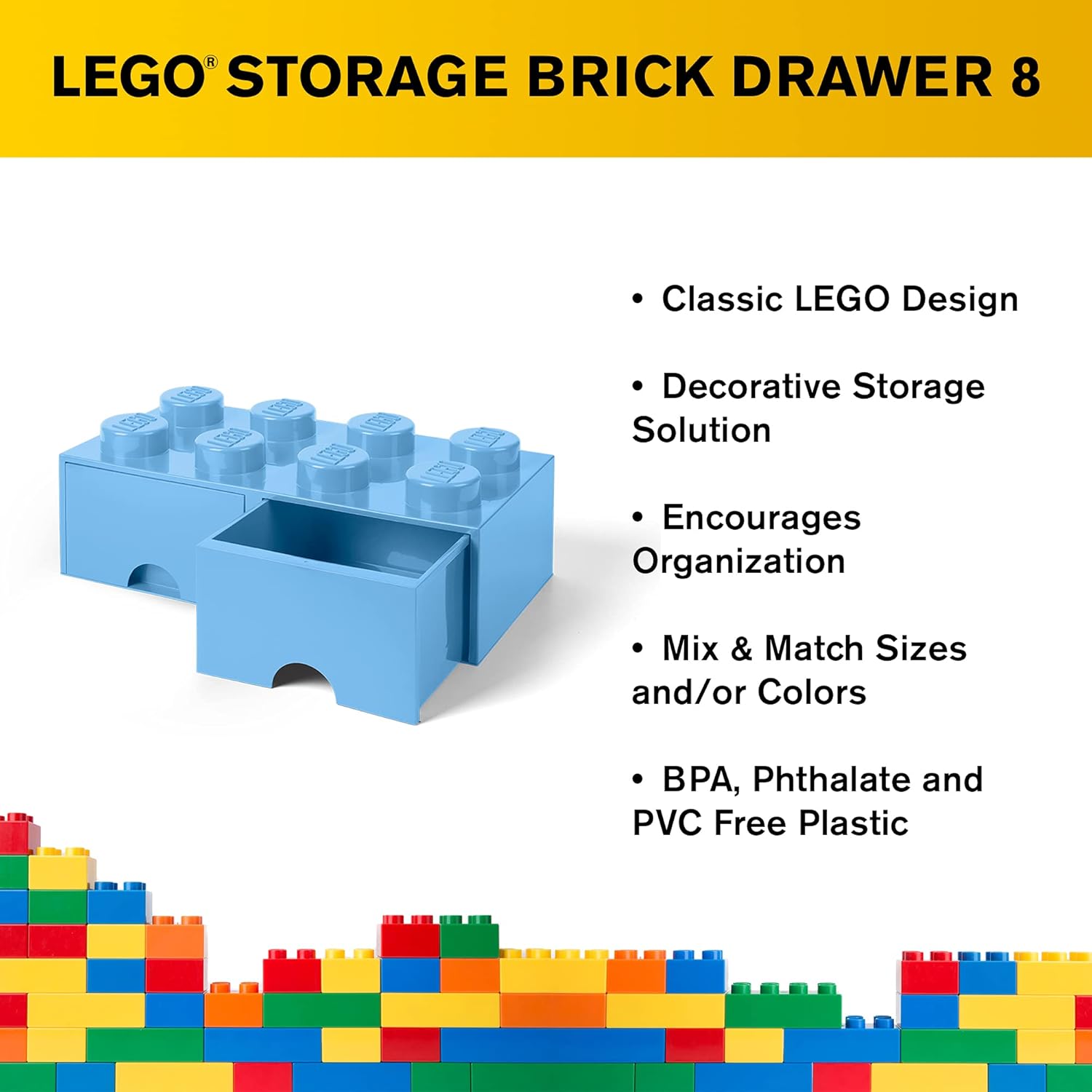 LEGO Brick Drawer, 2 Drawers, Stackable Storage Box, Light Royal Blue C92729