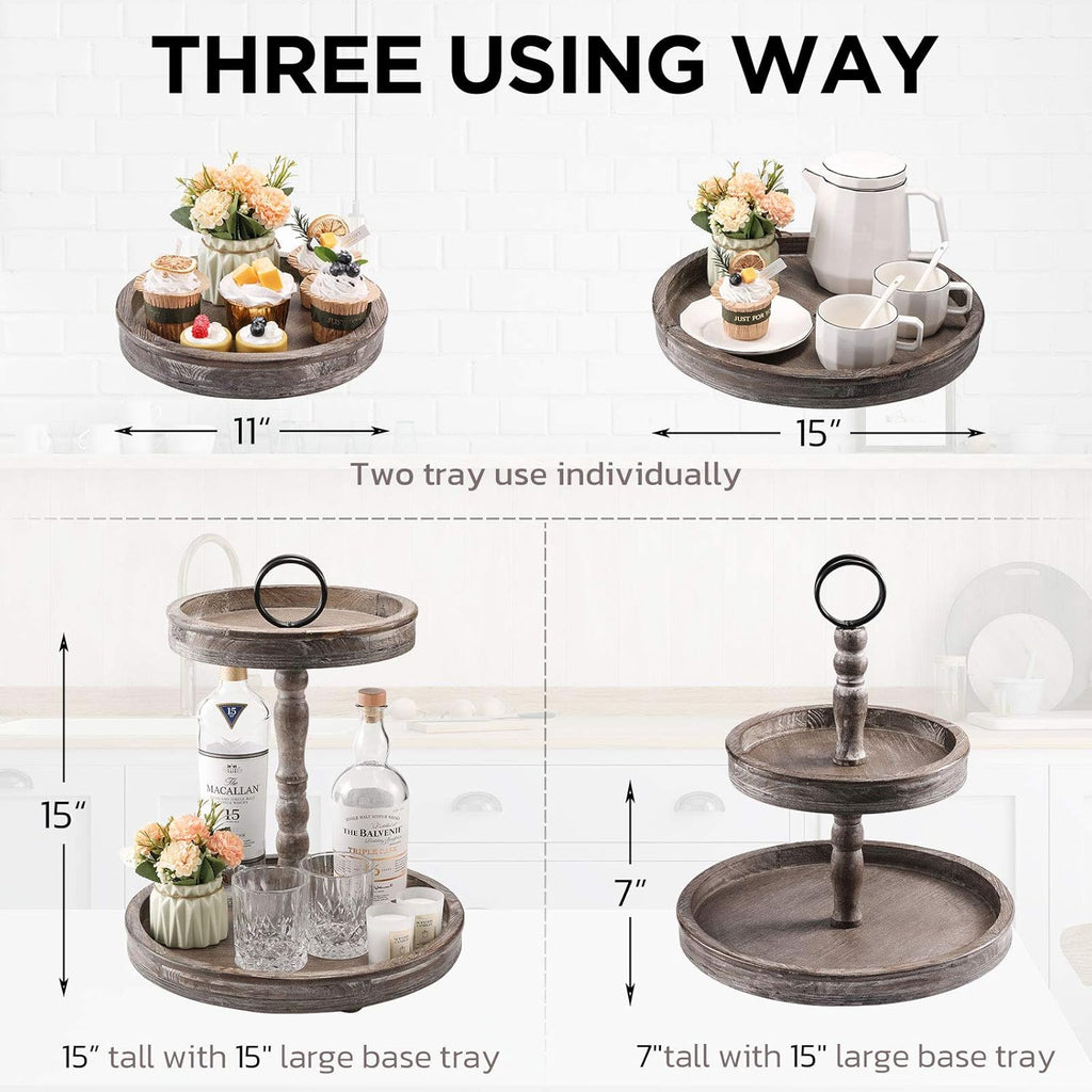 Two Tier Distressed Wood Serving Tray Farmhouse Decor V507