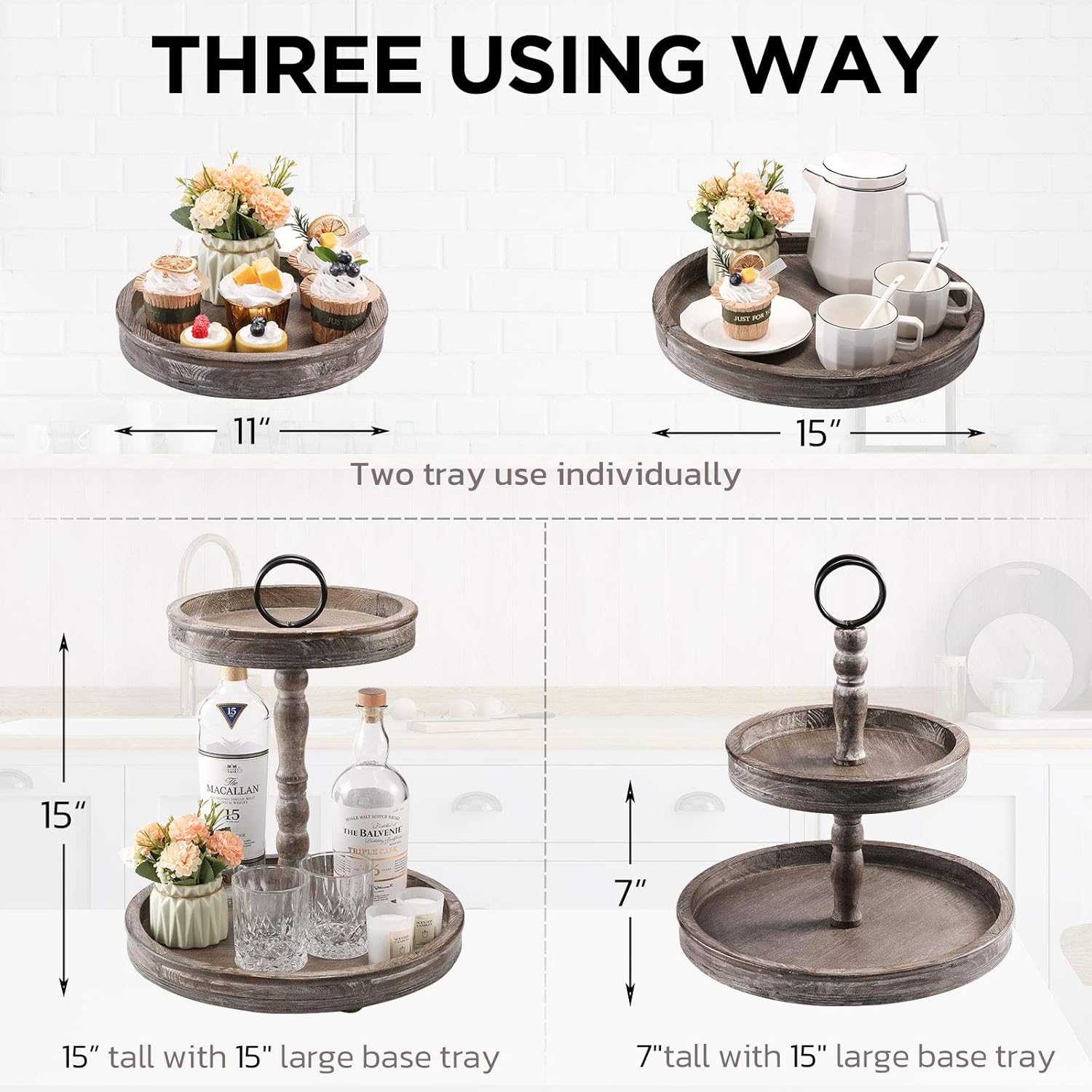 Two Tier Distressed Wood Serving Tray Farmhouse Decor V507