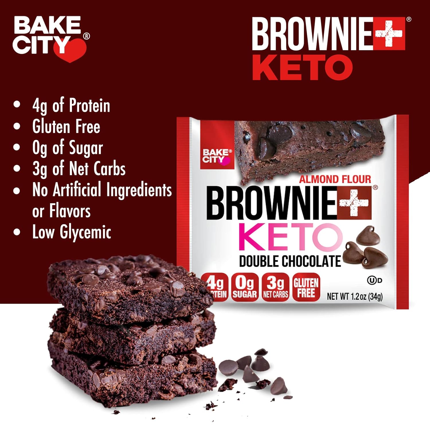 Bake City Brownie+ Keto 1.2oz Brownie (12 pack), Gluten Free, 0g Sugar Z12341