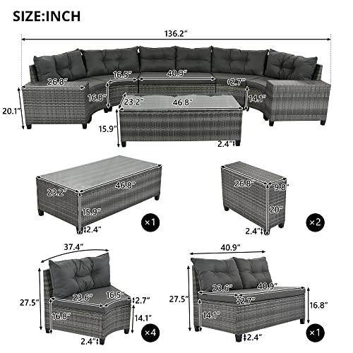 P PURLOVE 8 Piece Half Moon Sectional Patio Furniture Set with Cushions and Coffee Table Y55640