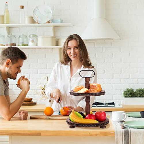 Urban Deco Wooden Two Tiered Serving Tray with Metal Handle, Dark Brown J2052