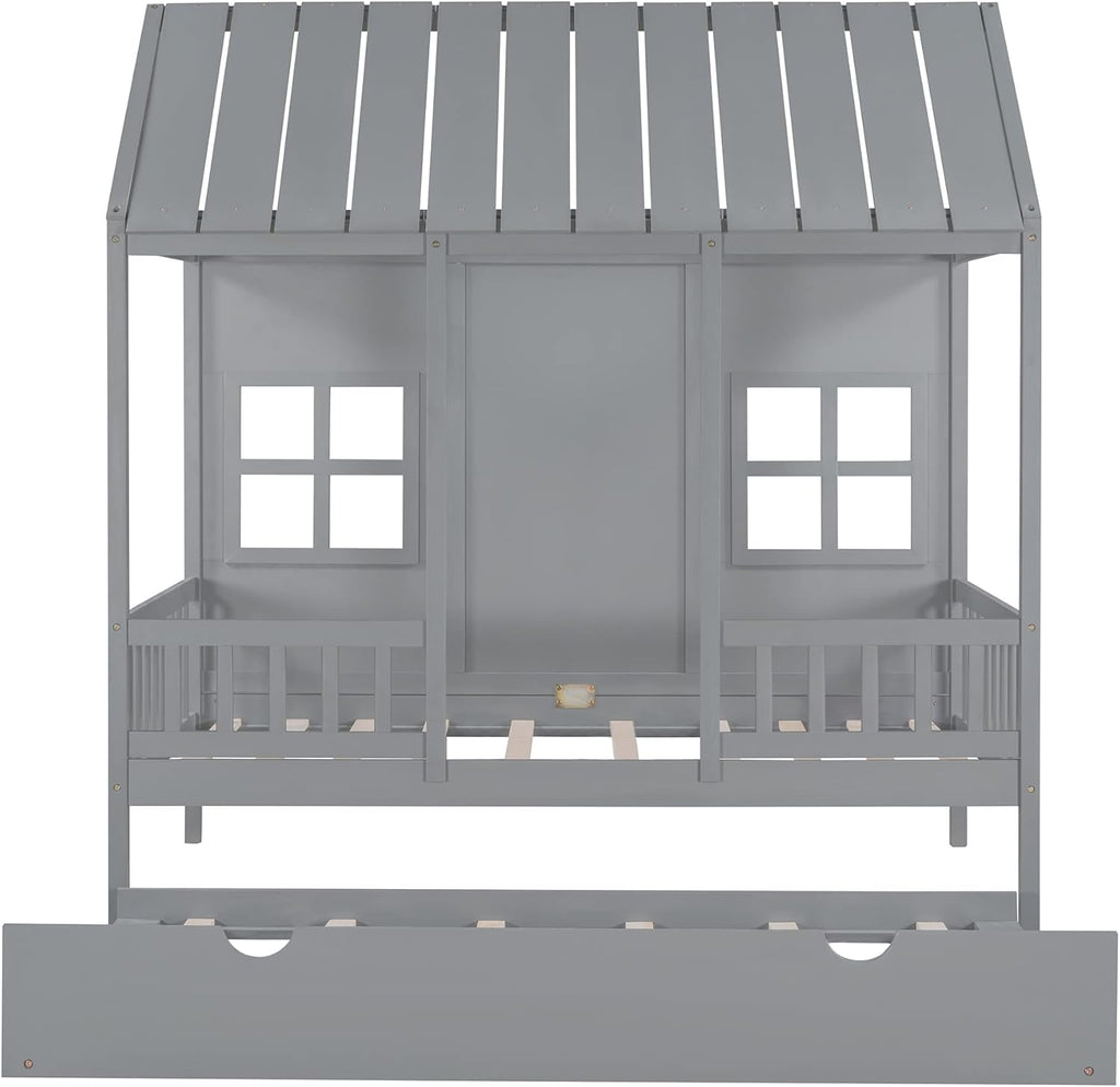 Twin Size House Bed with Trundle and Guardrails, Gray J325