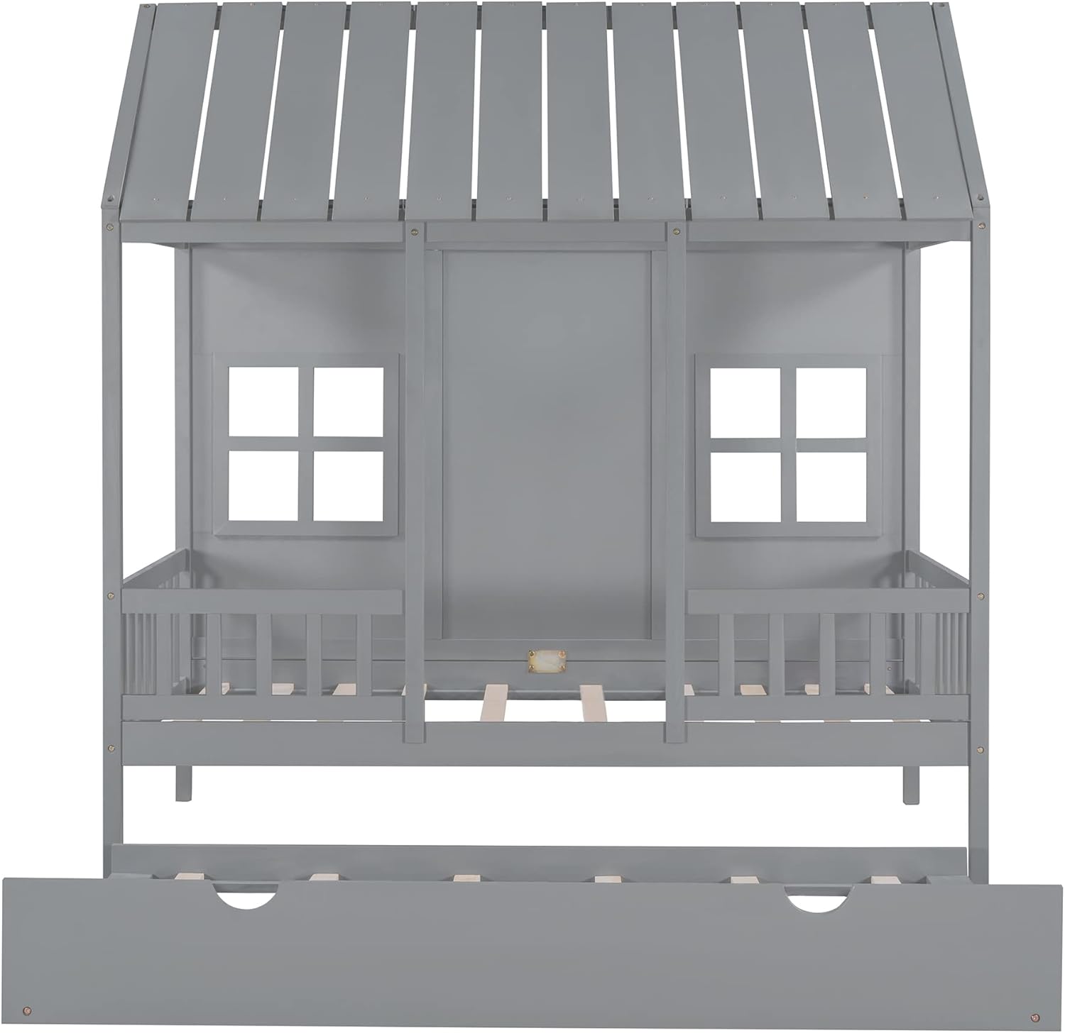 Twin Size House Bed with Trundle and Guardrails, Gray J325