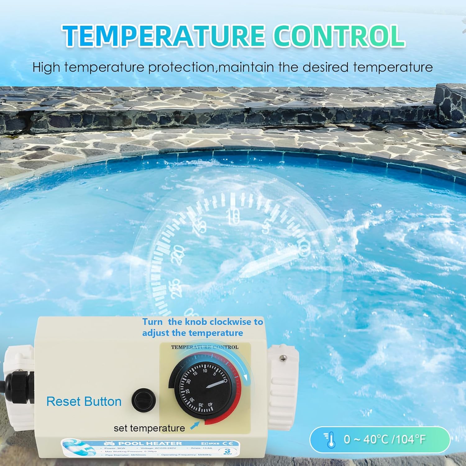 Mxmoonant 3KW 220V Electric Pool Heater with Thermostat S3463
