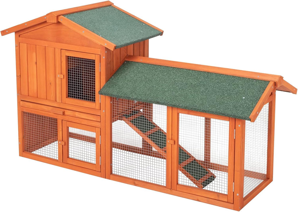 61" Wooden Chicken Coop Hen House,Chicken Coop,Wooden Rabbit Hutch Pet Cage Shelter Hen House with Waterproof Roof, Ladder,Ramps, Run, Nesting Box for Rabbit, Chicken and Other Small Animals Outdoor