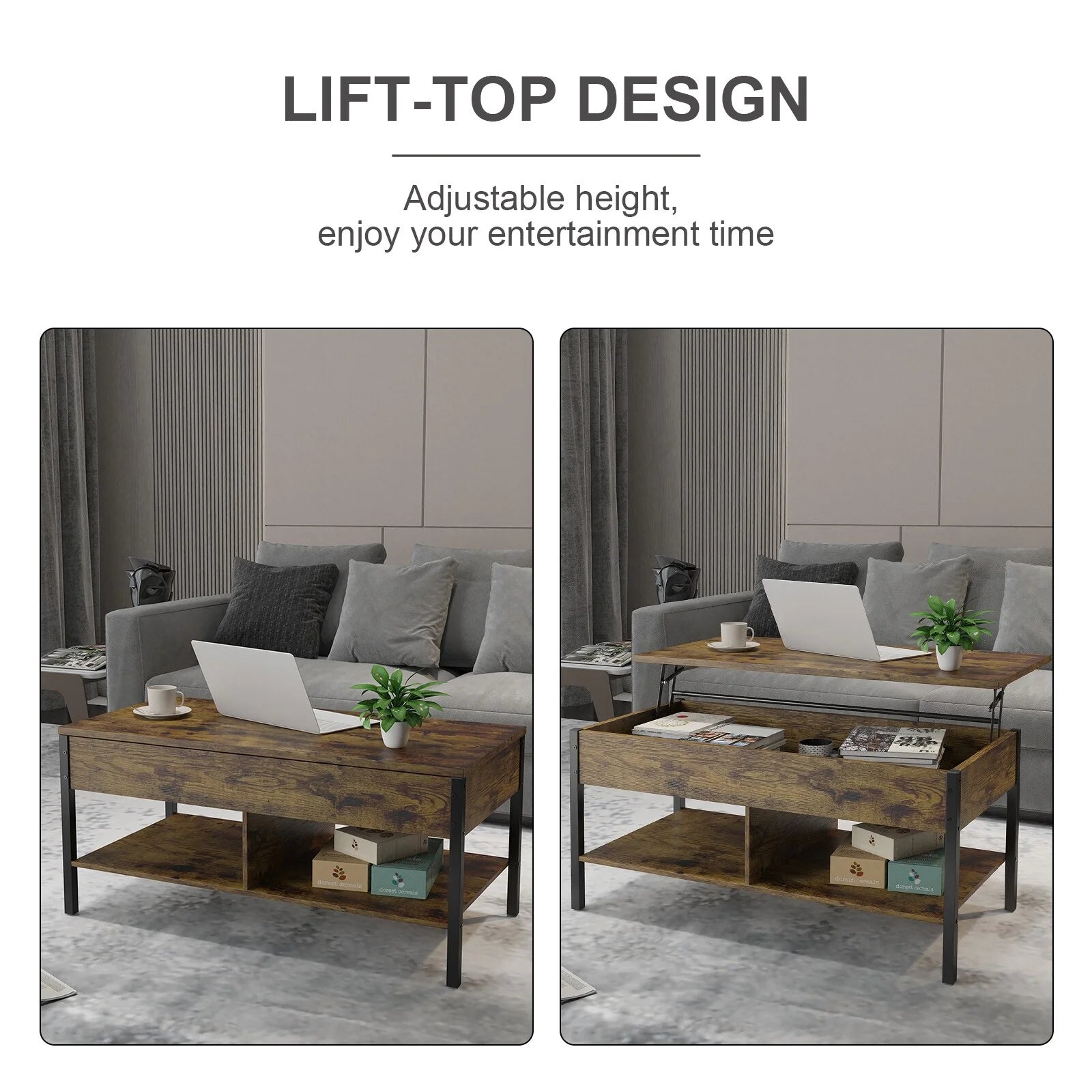 LivEditor Lift Top Coffee Table with Hidden Storage Brown P193636