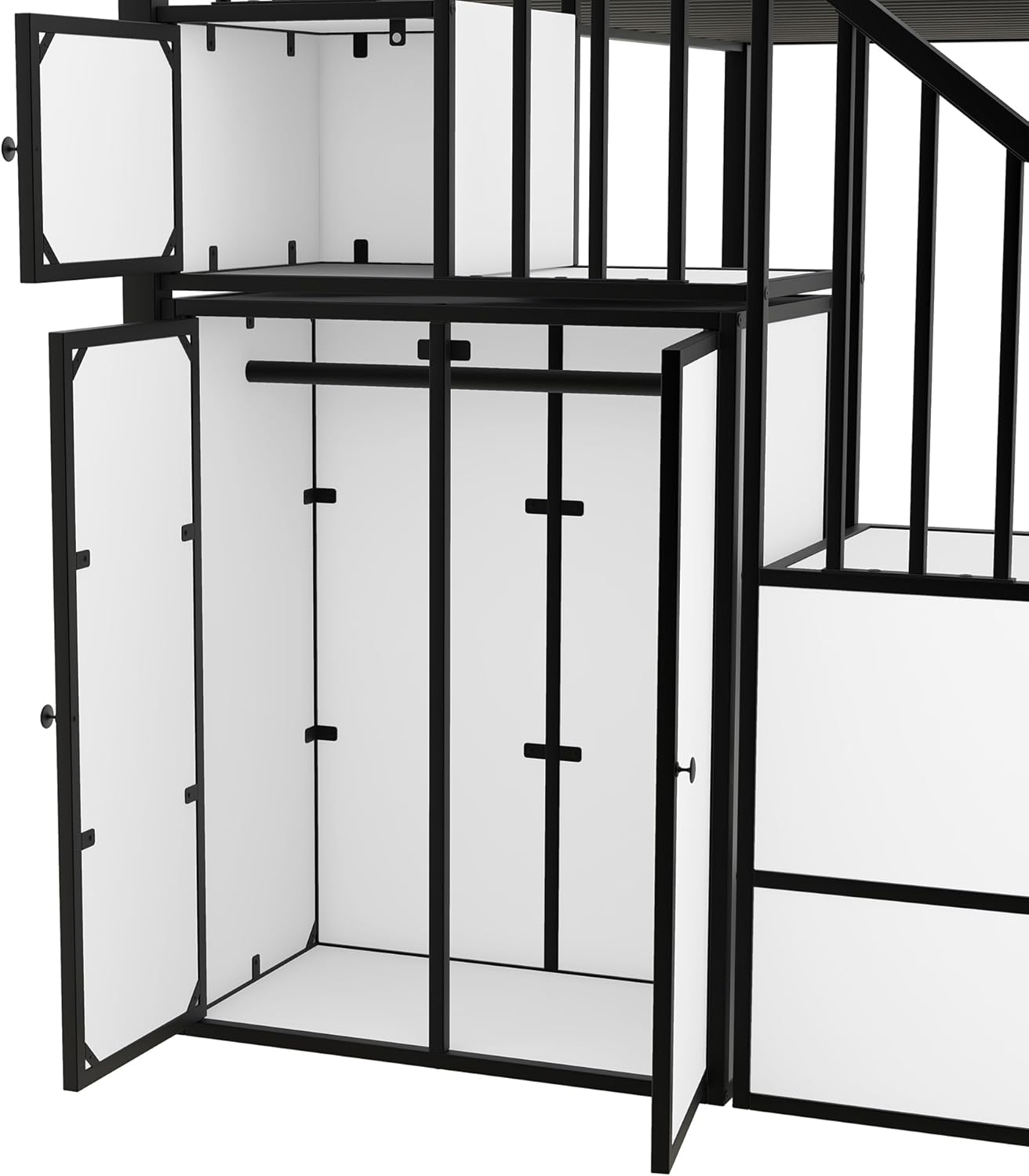 Twin Over Twin Castle Bunk Bed with Stairs and Storage, Black+White F337