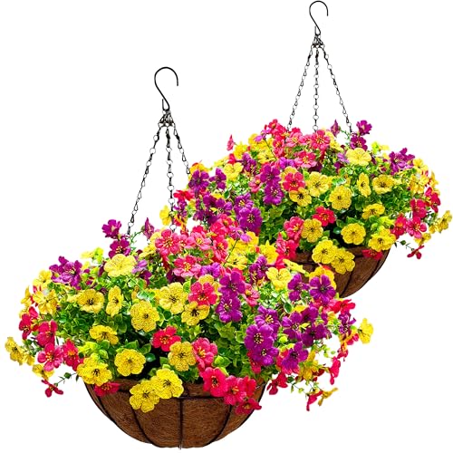 2 Sets Outdoor Artificial Flowers with 12" Hanging Basket, 24 Bunches of Faux Flowers with 2 Hanging Planters for Front Porch Pergolas Patio Balcony Garden Fall Autumn Yellow Orange