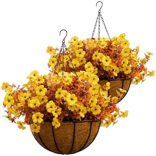 2 Sets Outdoor Artificial Flowers with Hanging Baskets, Yellow Orange G59149