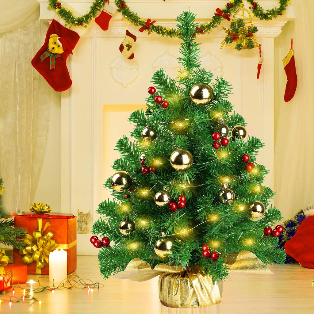 Mini Prelit Christmas Tree 22in with LED Lights and Gold Ornaments I1726