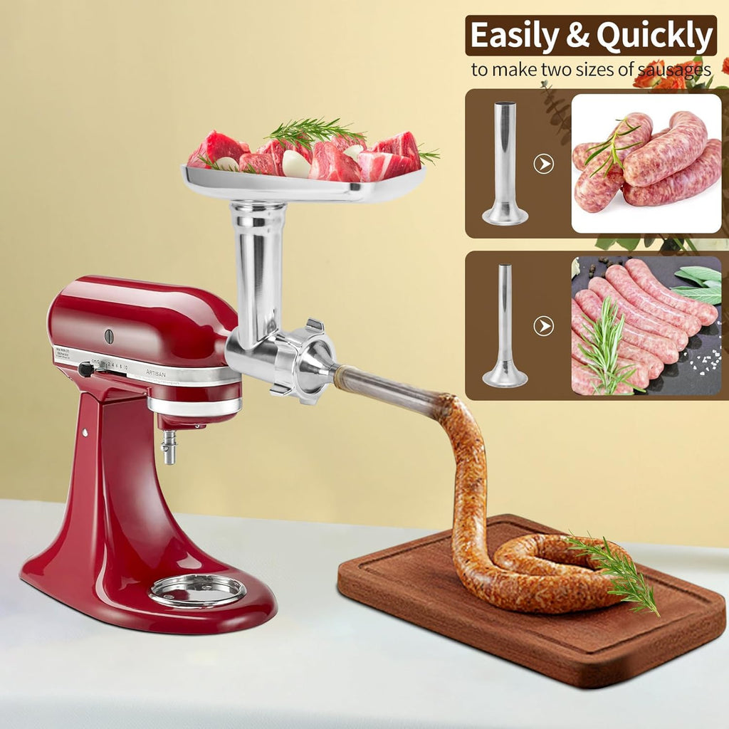 Meat Grinder Attachment for KitchenAid Stand Mixer, Silver, 3 Sausage Stuffer Tubes A671