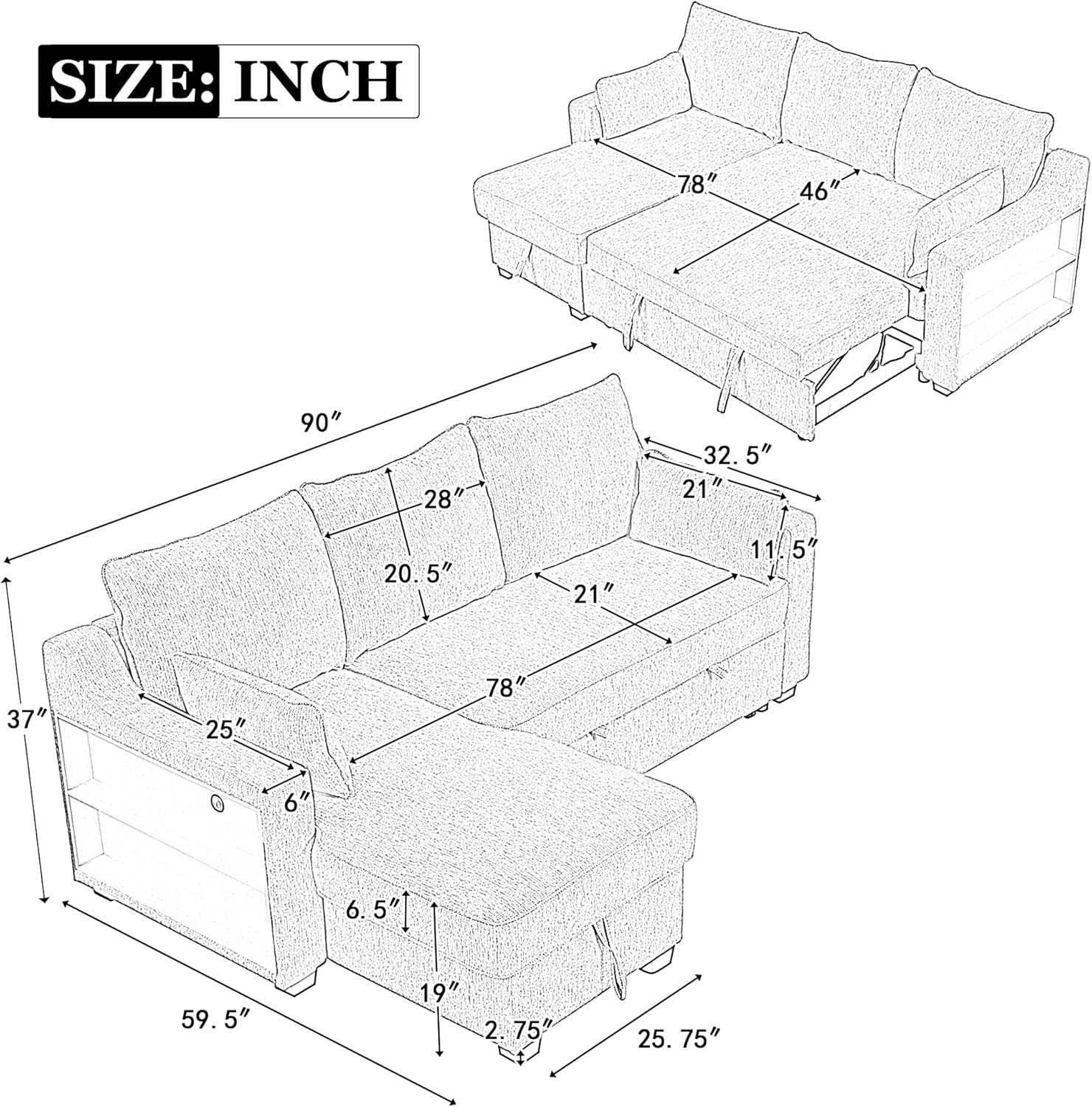 FANYE L-Shape Reversible Sleeper Sectional Couch with Storage and USB Ports R934