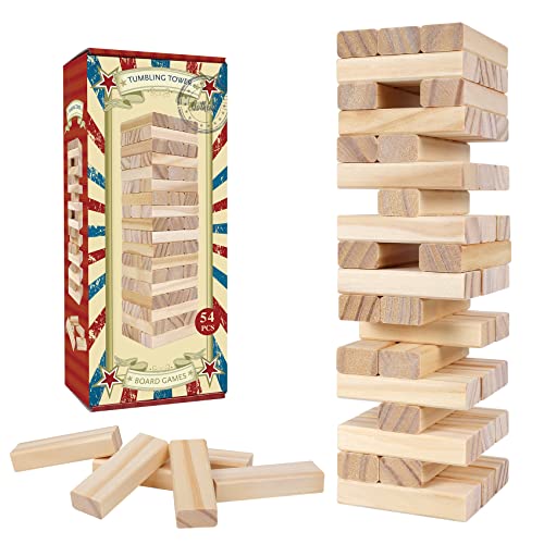 Classic Wooden Tumbling Tower Game, 54pcs Timber Stacking Board Game with Carry Case, Family Night Toy Game Gift for Kids and Adults