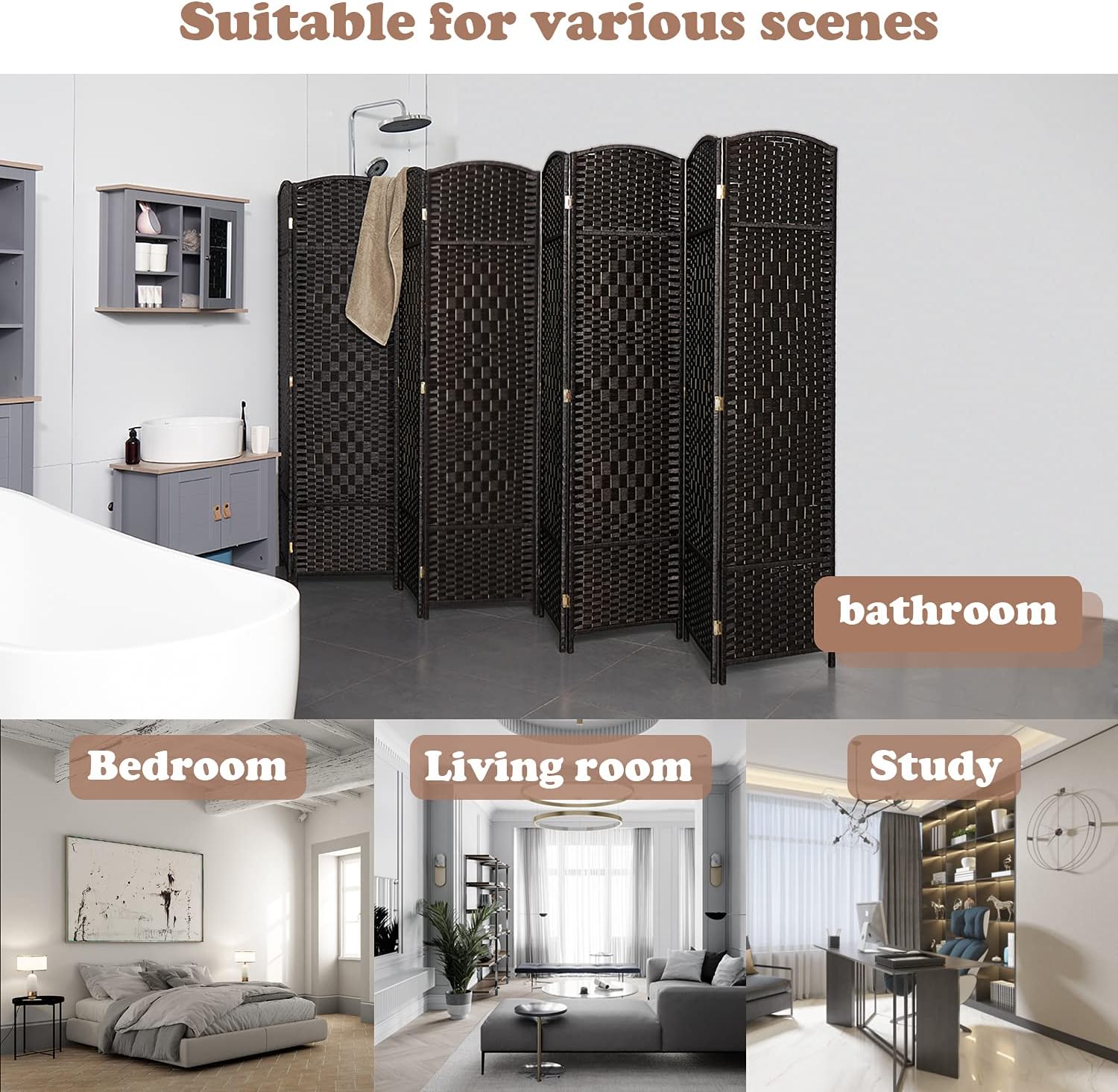 Room Divider 6 ft Tall Folding Privacy Screen Extra Wide Partition Panel Wall Divider Coffee 8-Panel Y925