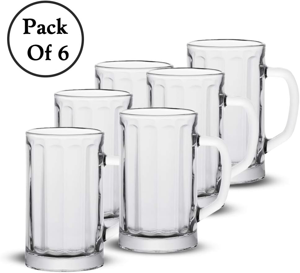 Vikko 17 oz Beer Glass Mugs, Set of 6, Clear with Handle V847
