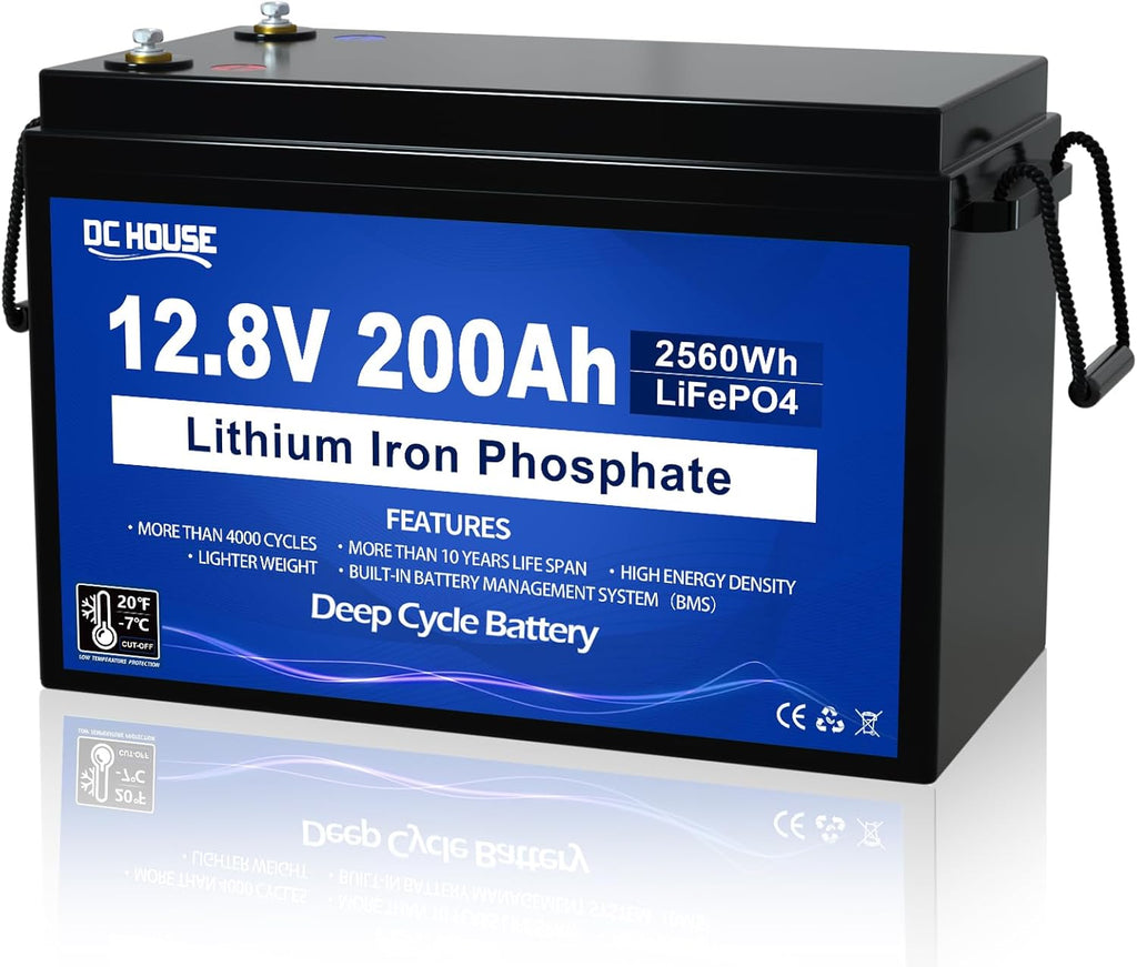 DC HOUSE 12V 200Ah Lithium LiFePO4 Deep Cycle Battery, Low Temp Cut Off, with 2560Wh Energy Max. Built-in 200A BMS for RV, Solar, Home Energy Storage, Marine Trolling Motor, Boat, Golf Carts