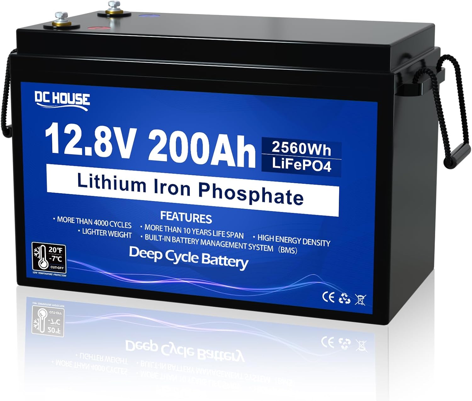 DC HOUSE 12V 200Ah Lithium LiFePO4 Deep Cycle Battery, Low Temp Cut Off, with 2560Wh Energy Max. Built-in 200A BMS for RV, Solar, Home Energy Storage, Marine Trolling Motor, Boat, Golf Carts