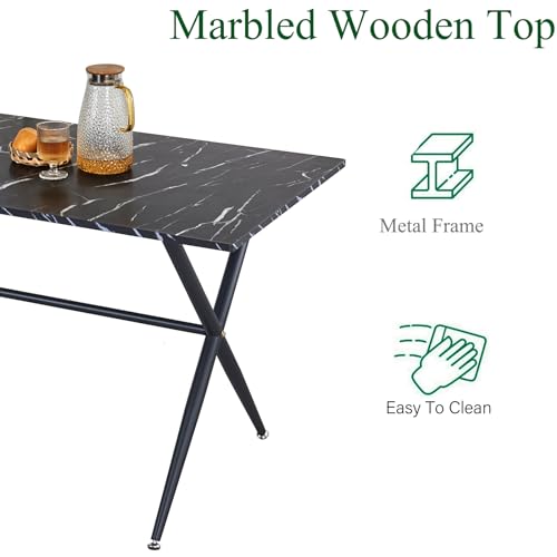 Marbled Dining Table Set for 4 with 2 Benches, 3 Piece White Kitchen Set B228
