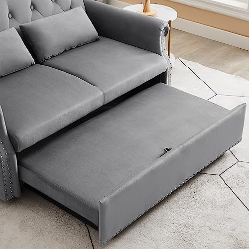 55" Button Tufted Upholstered Futon Loveseat Daybed Convertible Sofa Bed, Gray Velvet J646936