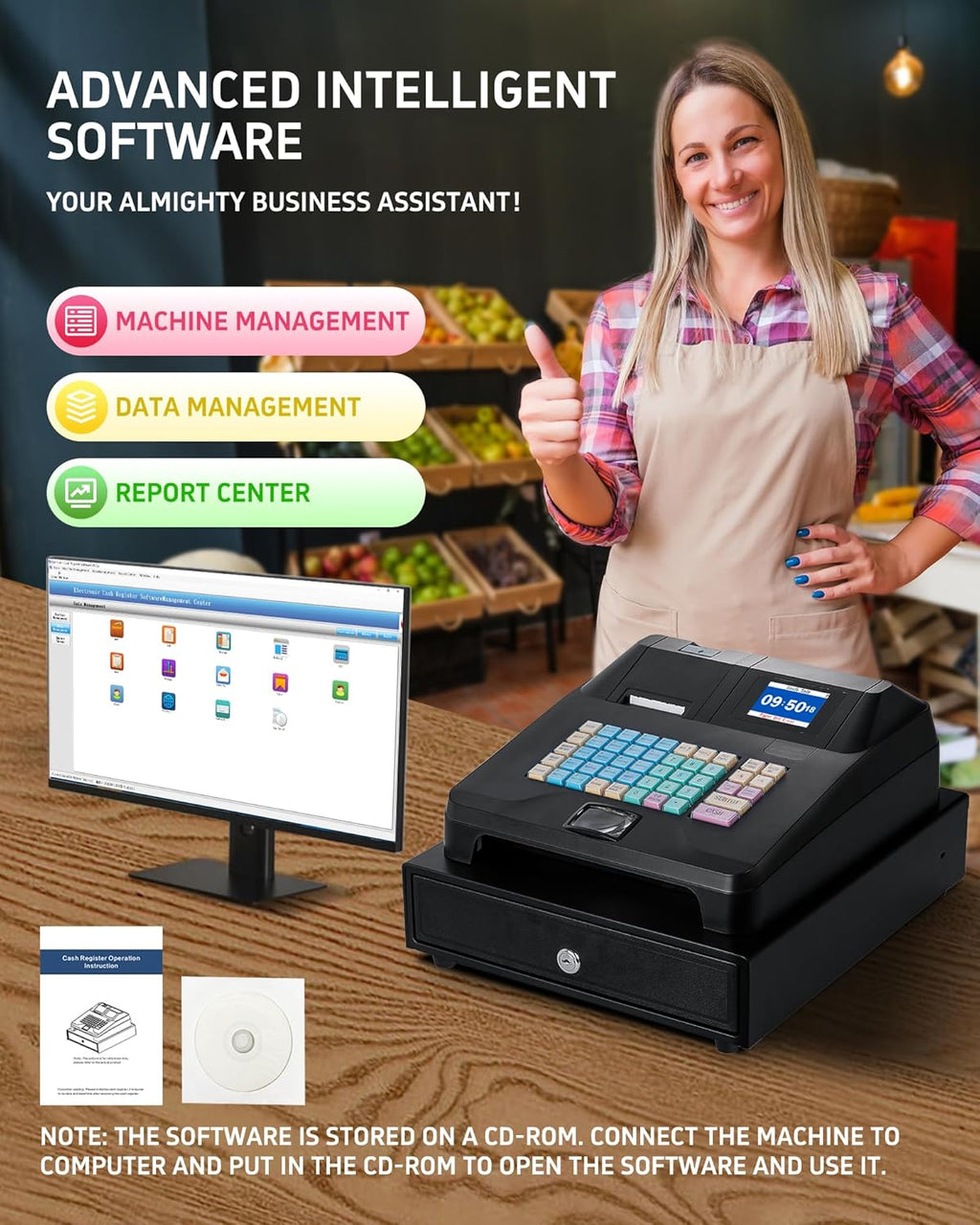Cash Register with Cash Drawer and Built-In Receipt Printer for Small Business U8126